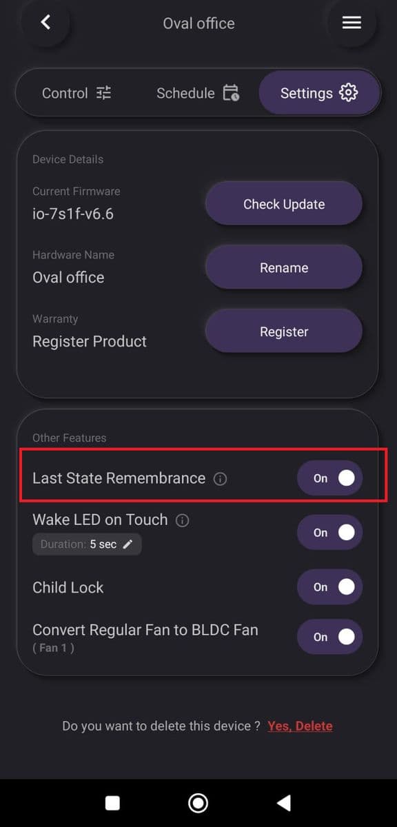 Turn Last State Remembrance on or off