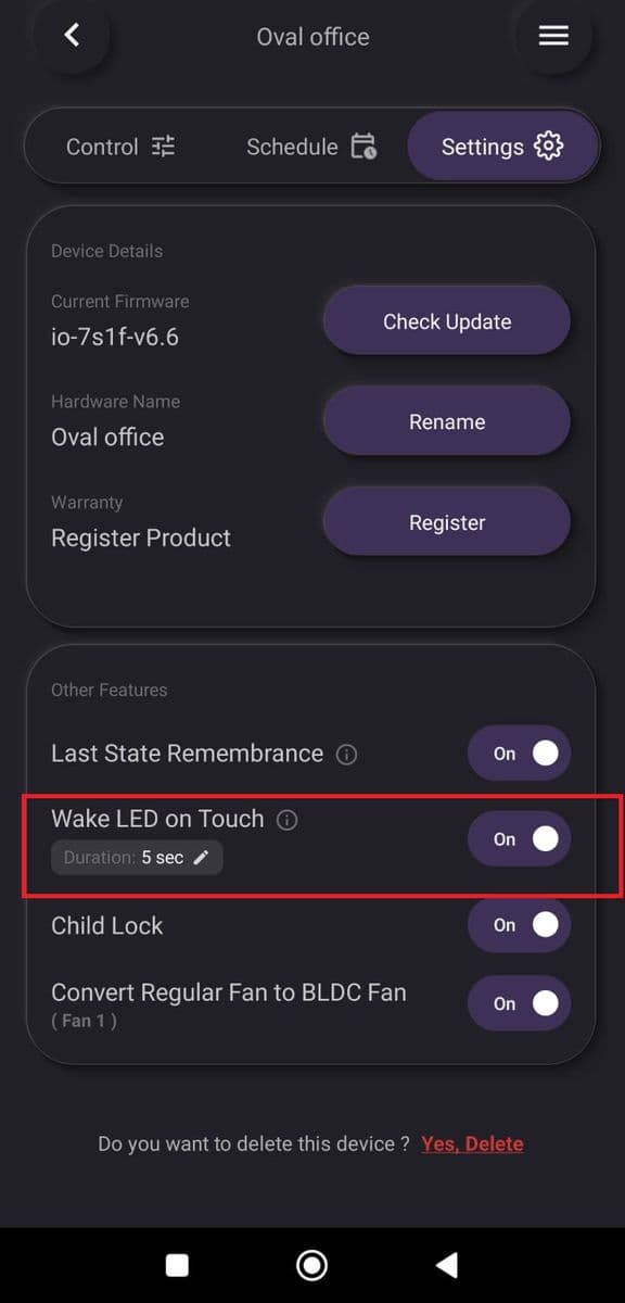 Turn Wake LED on Touch on or off